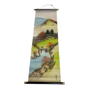 Vintage Hand Painted Japanese Silk Wall Scroll Landscape Signed Art Hanging